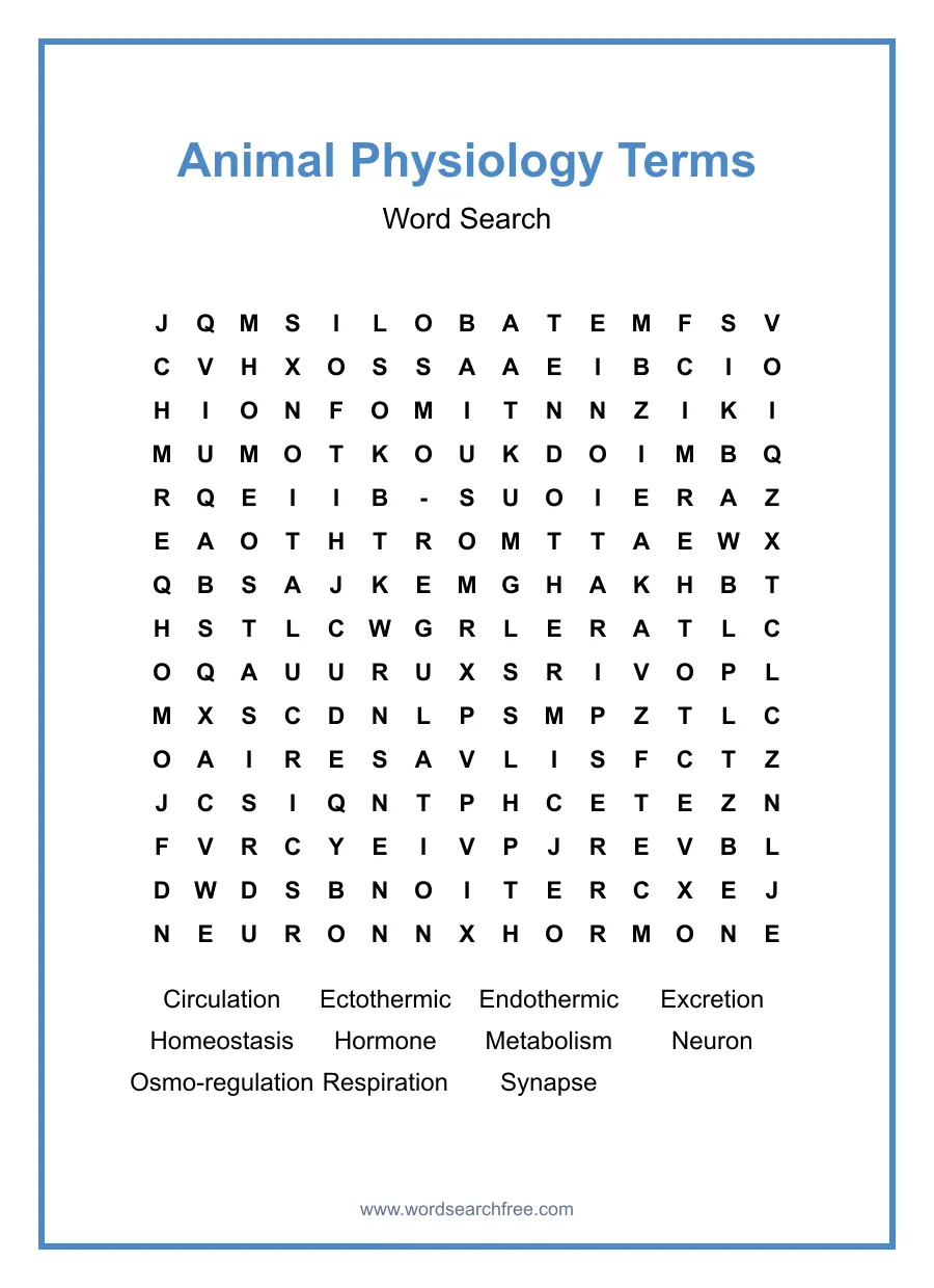 Animal Physiology Terms Word Search - Free printable puzzle with 11 words