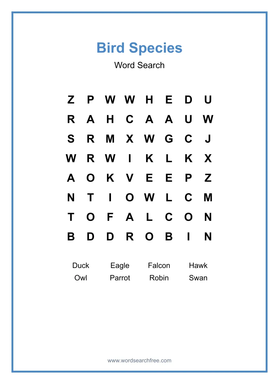 Bird Species Word Search - Free printable puzzle with 8 words