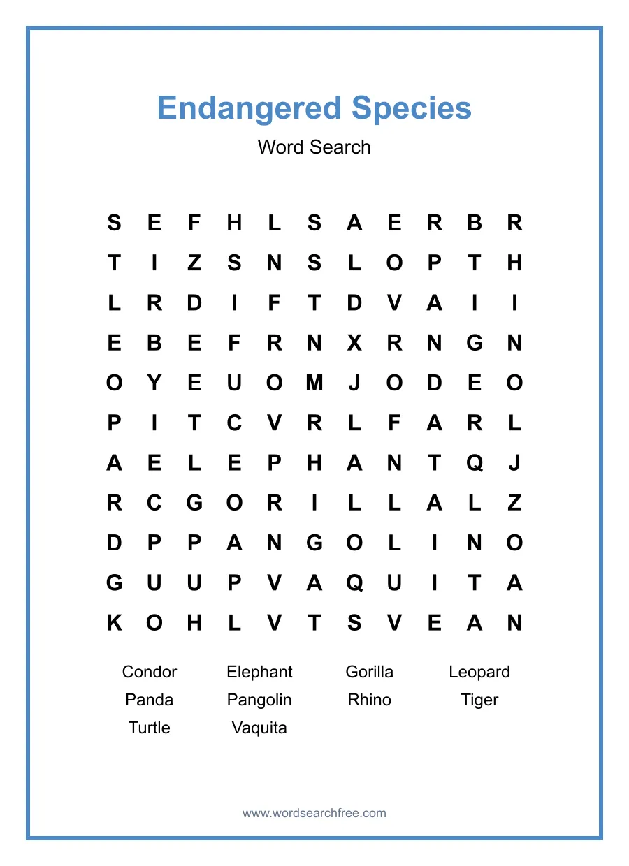Endangered Species Word Search - Free printable puzzle with 10 words