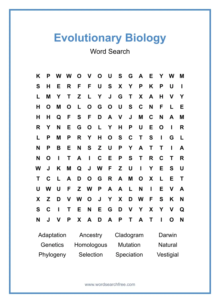 Evolutionary Biology Word Search - Free printable puzzle with 12 words
