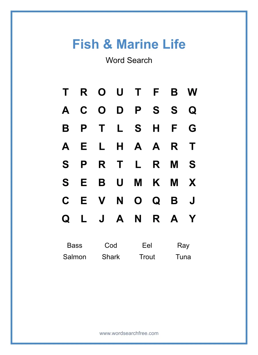 Fish & Marine Life Word Search - Free printable puzzle with 8 words