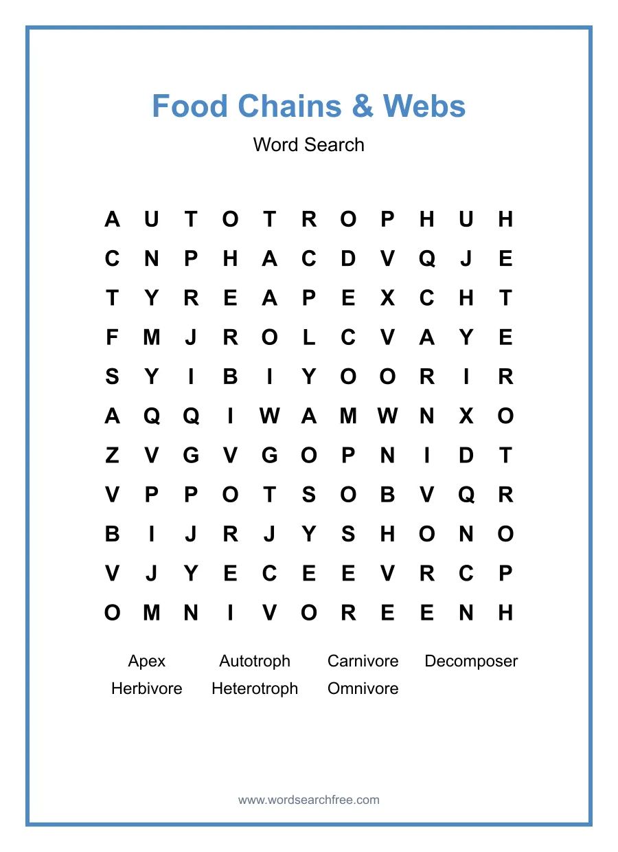 Food Chains & Webs Word Search - Free printable puzzle with 7 words