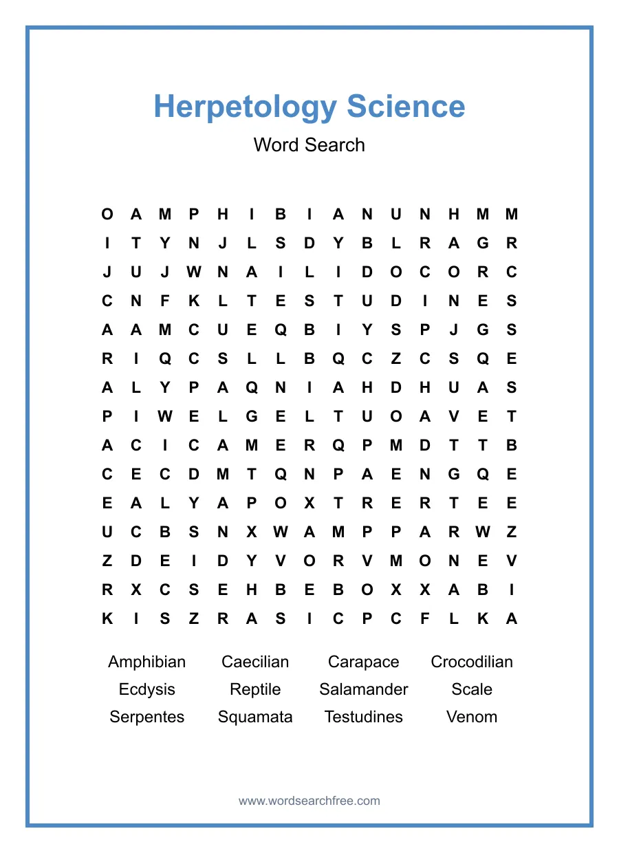 Herpetology Science Word Search - Free printable puzzle with 12 words