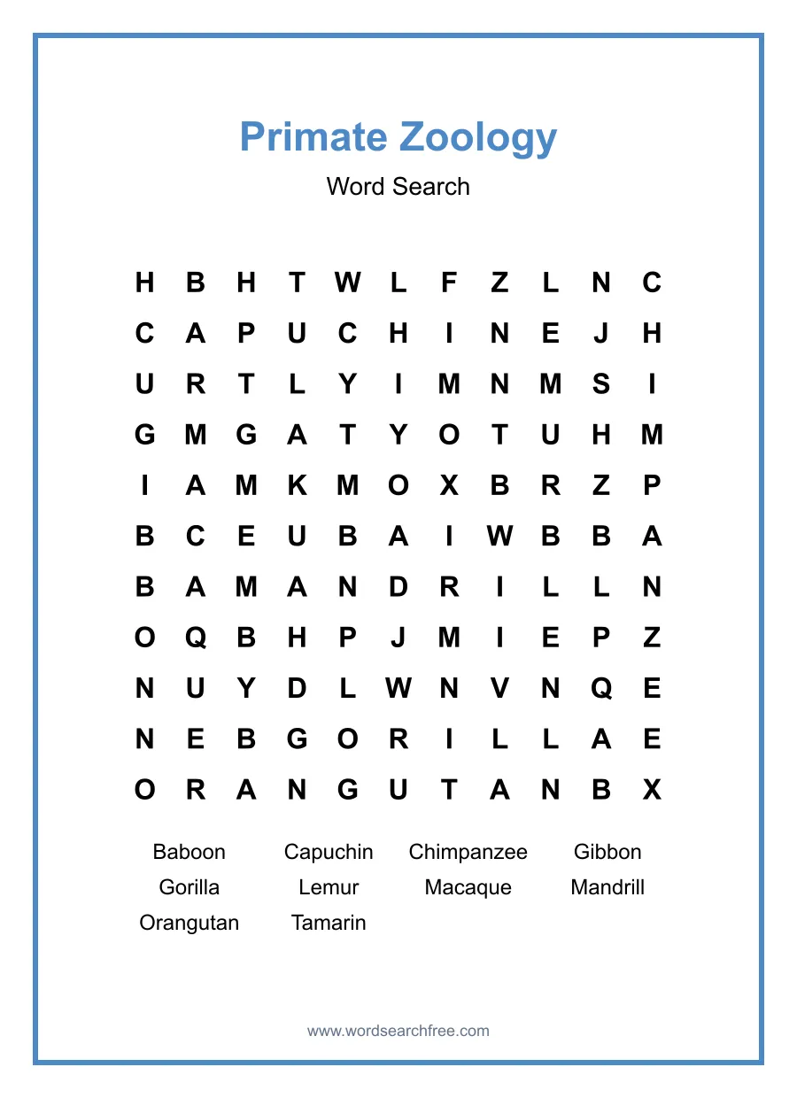 Primate Zoology Word Search - Free printable puzzle with 10 words