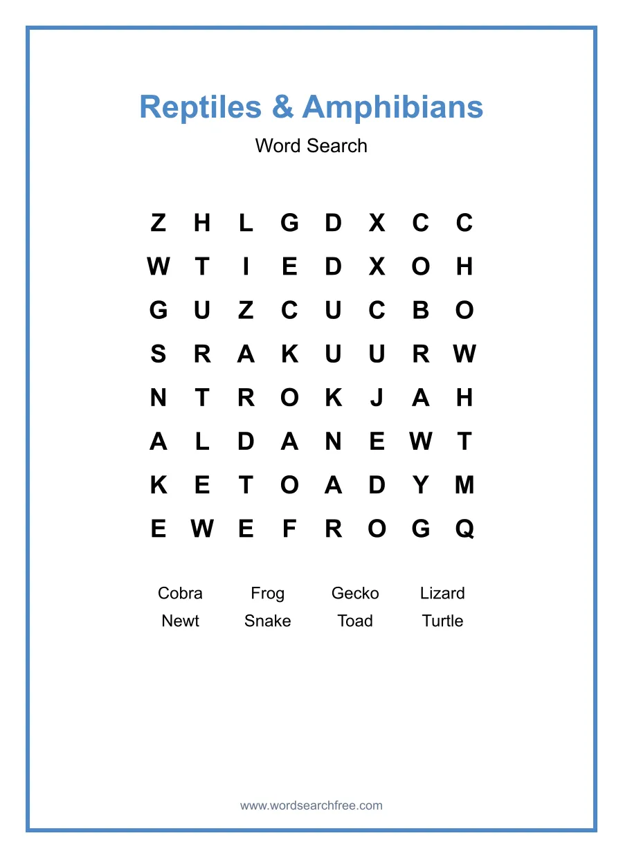 Reptiles & Amphibians Word Search - Free printable puzzle with 8 words