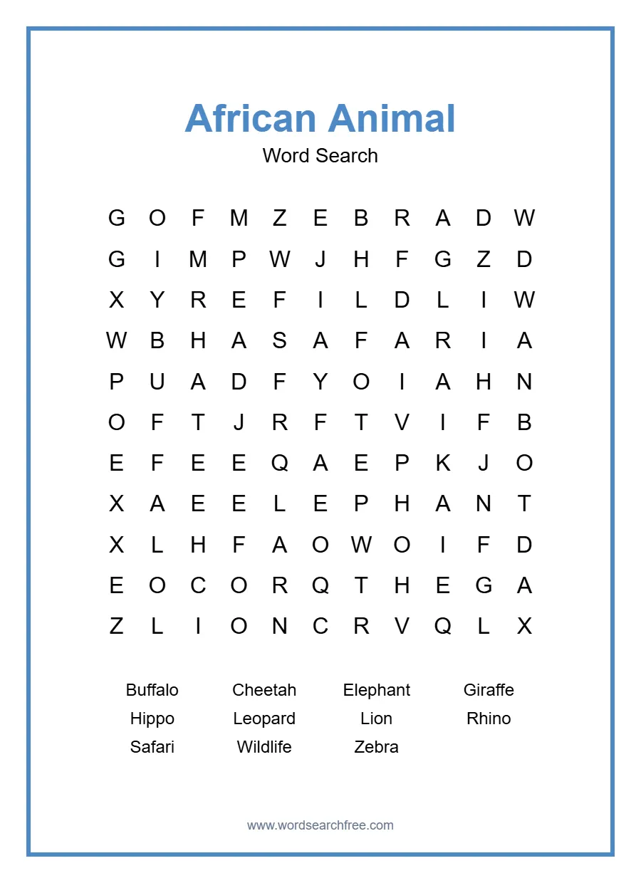 African Animal Word Search - Free printable puzzle with 11 words