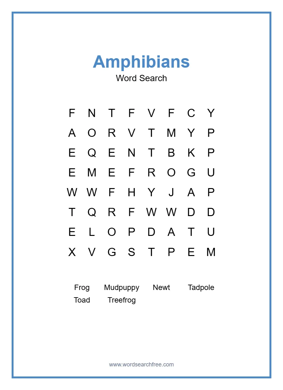 Amphibians Word Search - Free printable word search puzzle