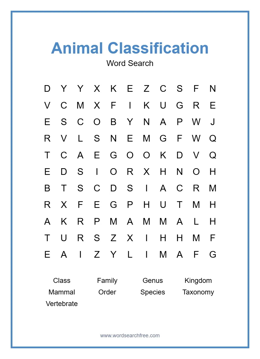 Animal Classification Word Search - Free printable puzzle with 9 words