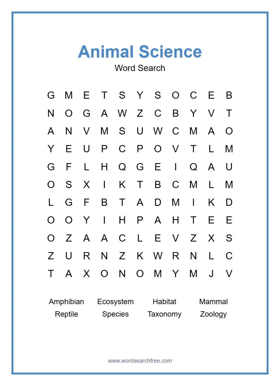 Animal Science Word Search - Free printable puzzle with 8 words