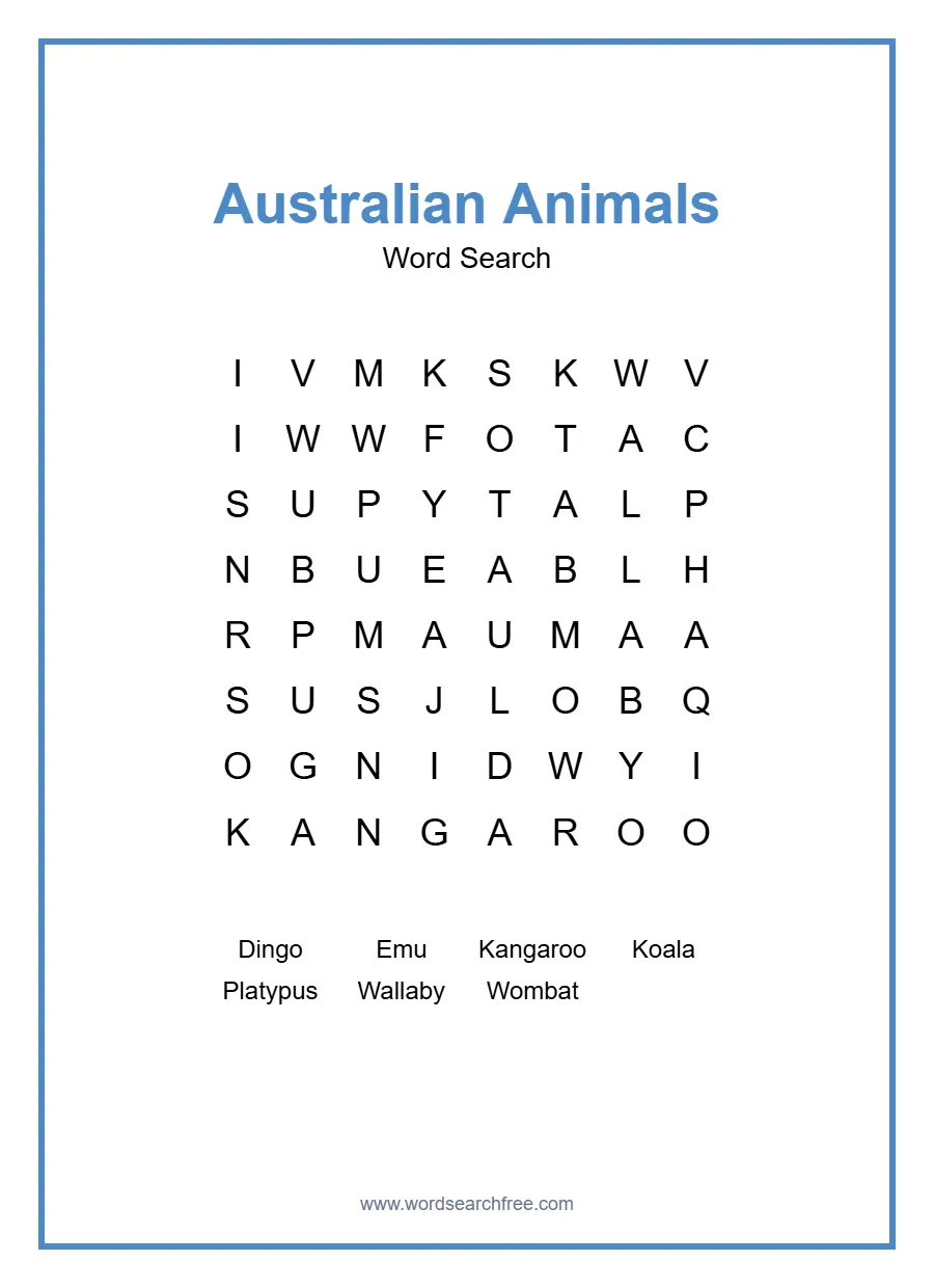Australian Animals Word Search - Free printable puzzle with 7 words
