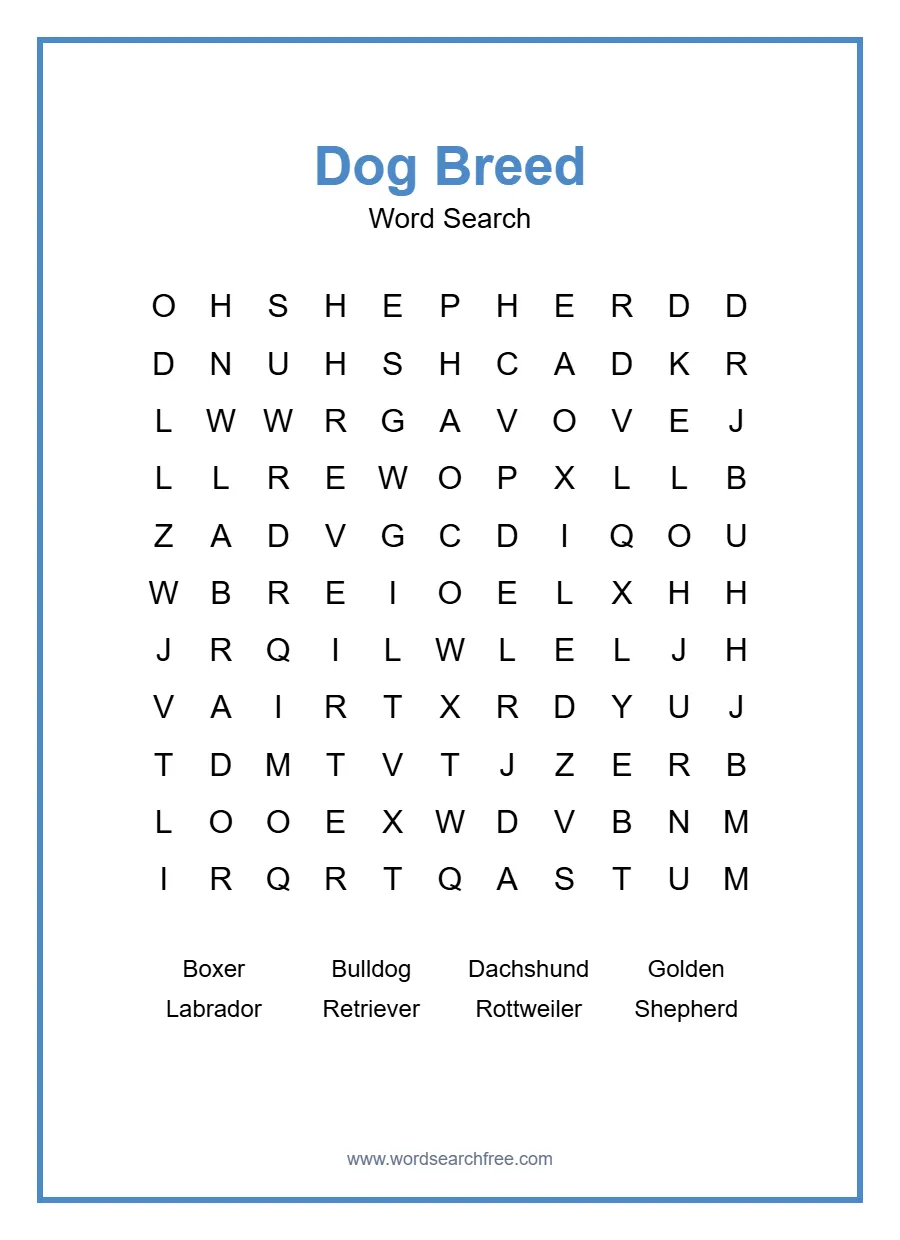 Dog Breed Word Search - Free printable puzzle with 8 words
