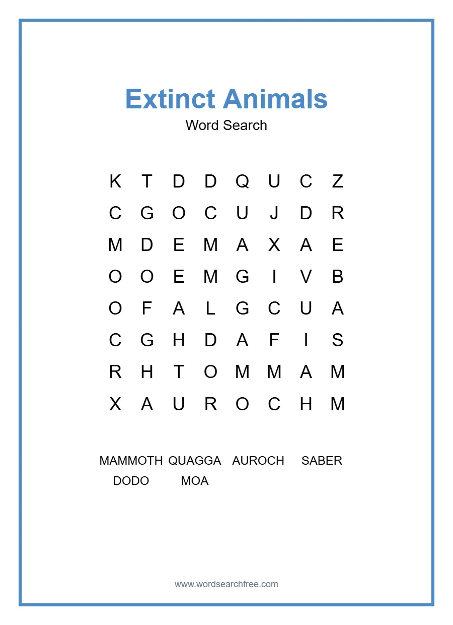 Extinct Animals Word Search - Free printable puzzle with 6 words