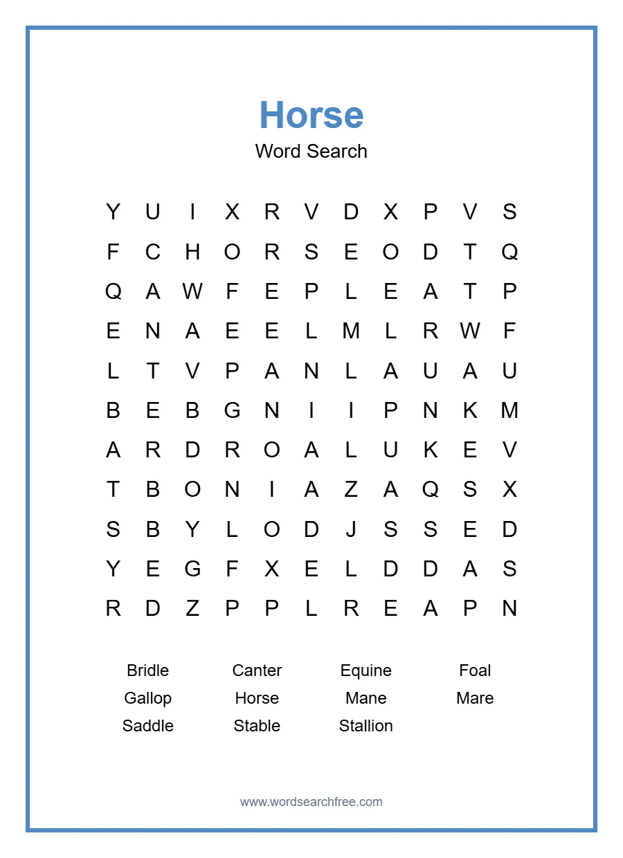 Horse Word Search - Free printable puzzle with 11 words