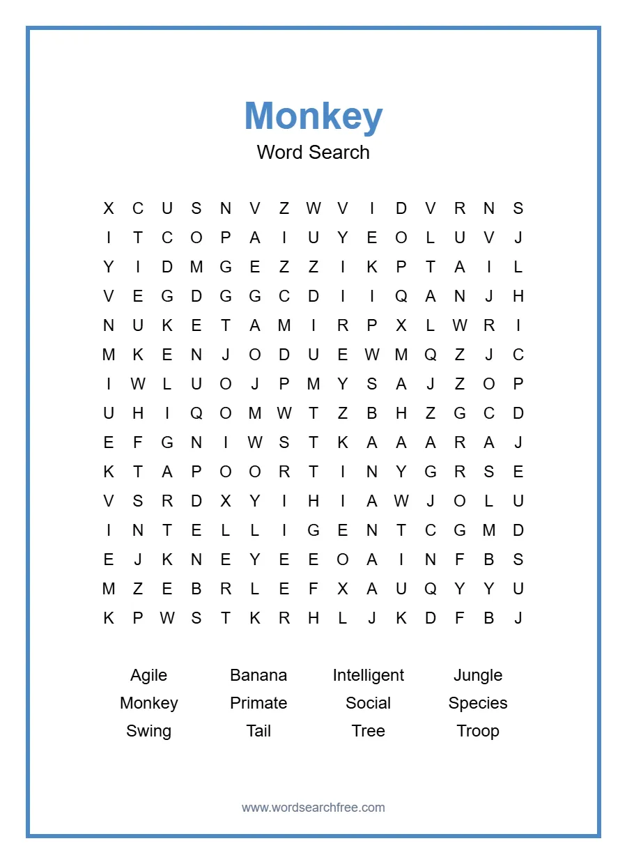 Monkey Word Search - Free printable puzzle with 12 words