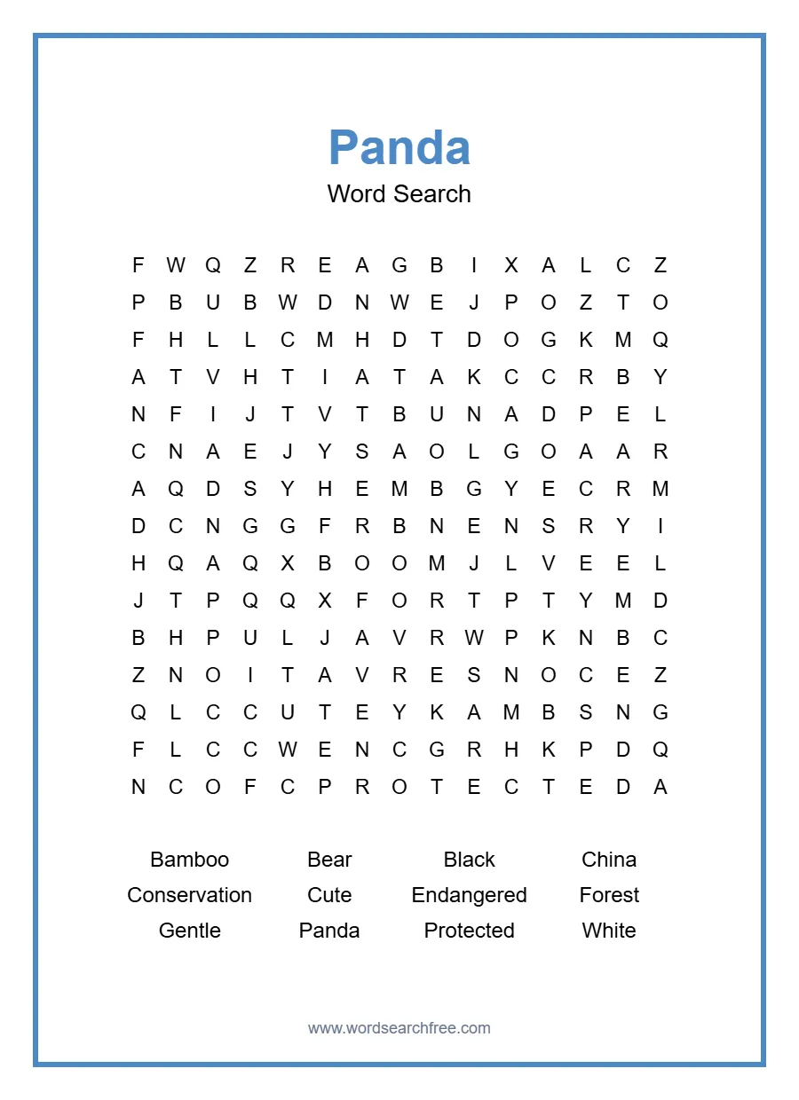 Panda Word Search - Free printable puzzle with 12 words