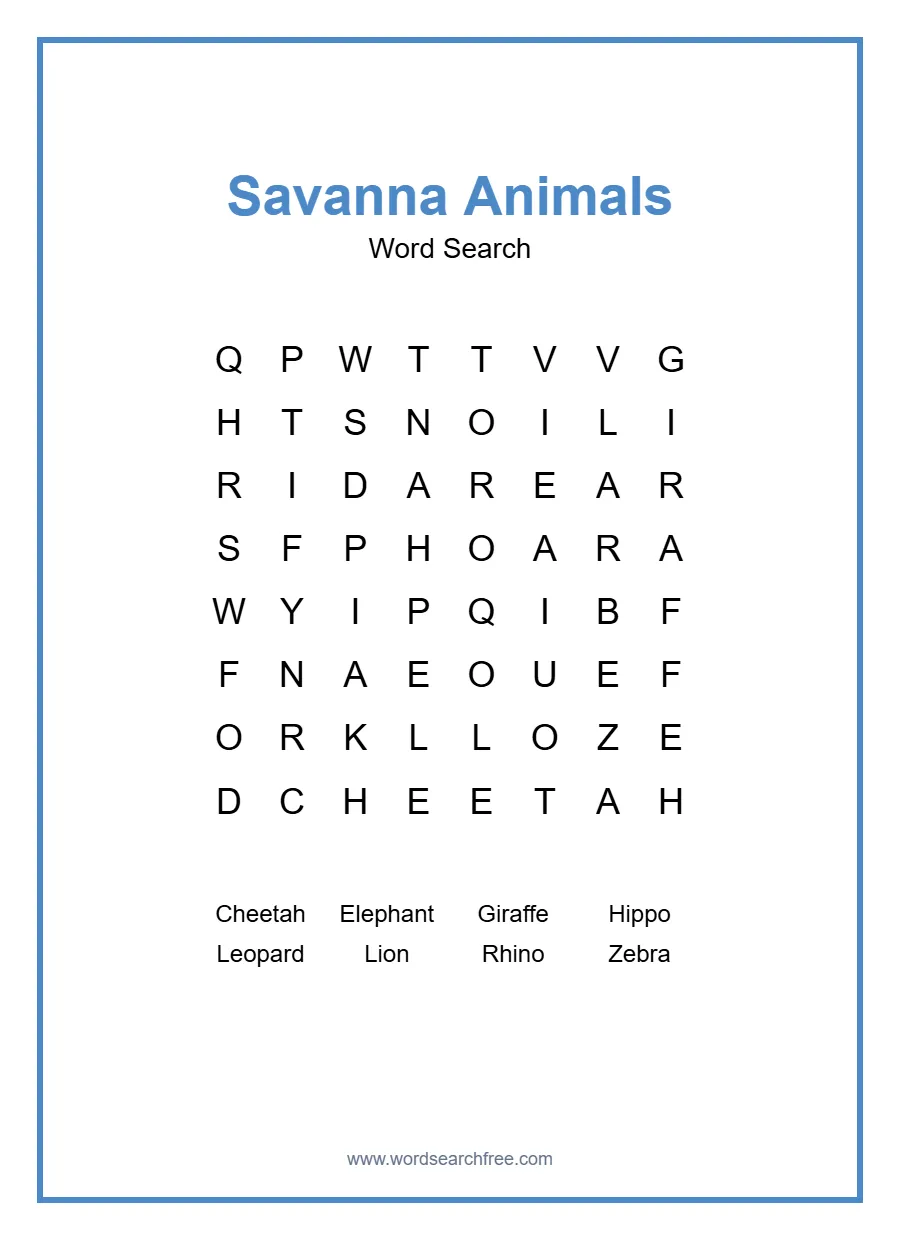 Savanna Animals Word Search - Free printable puzzle with 8 words