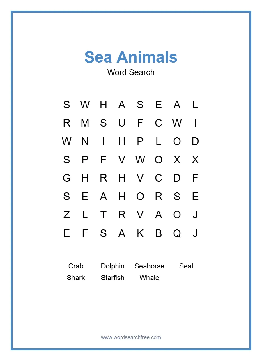Sea Animals Word Search - Free printable word search puzzle