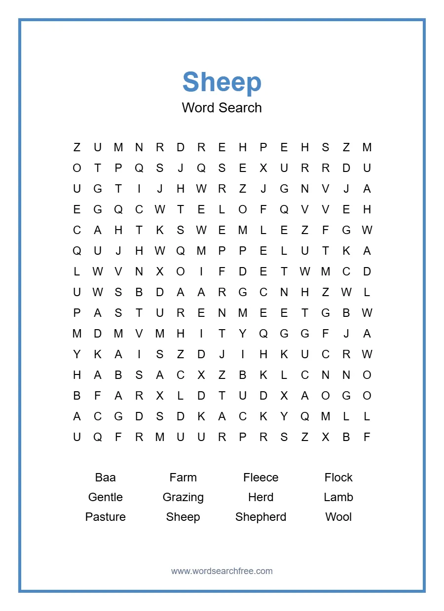 Sheep Word Search - Free printable puzzle with 12 words