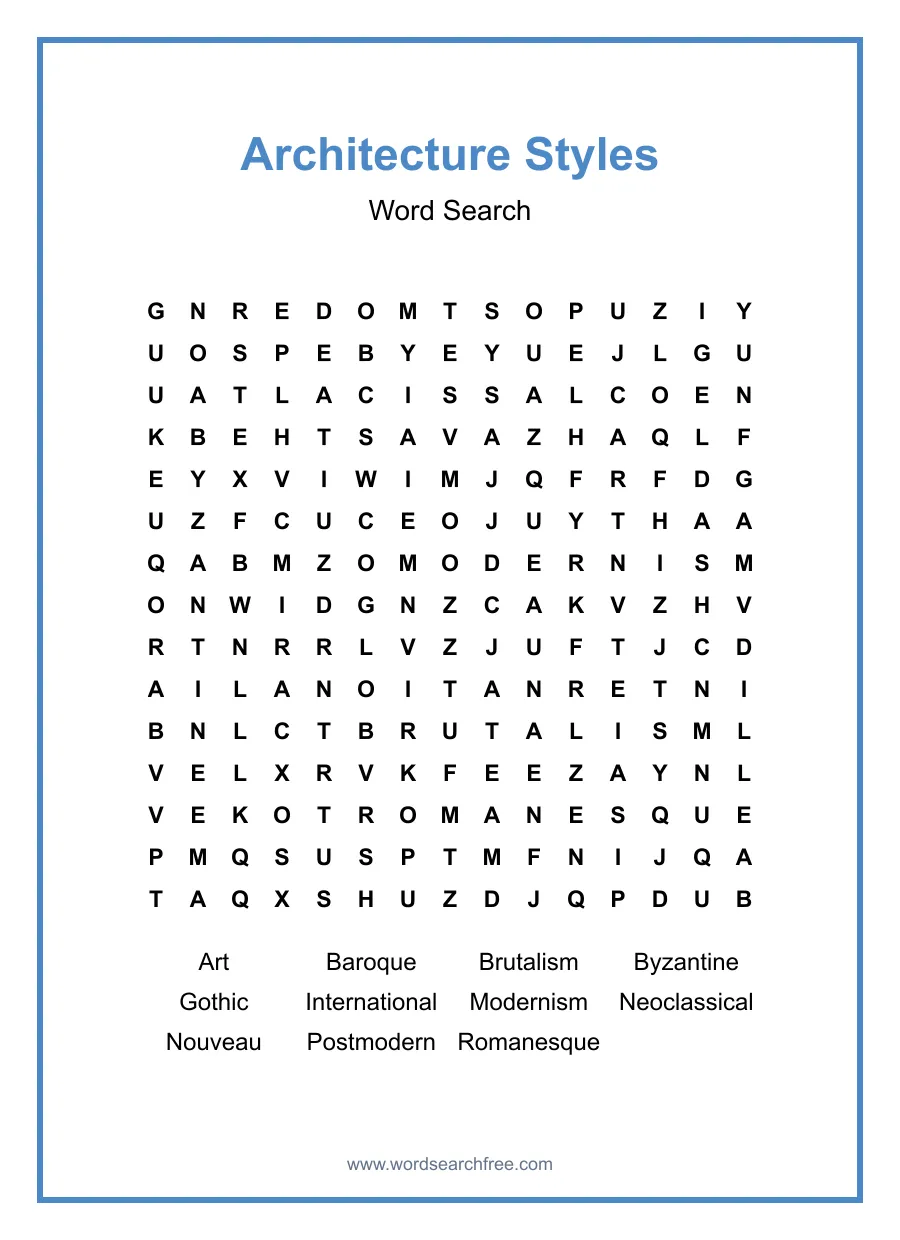 Architecture Styles Word Search - Free printable puzzle with 11 words