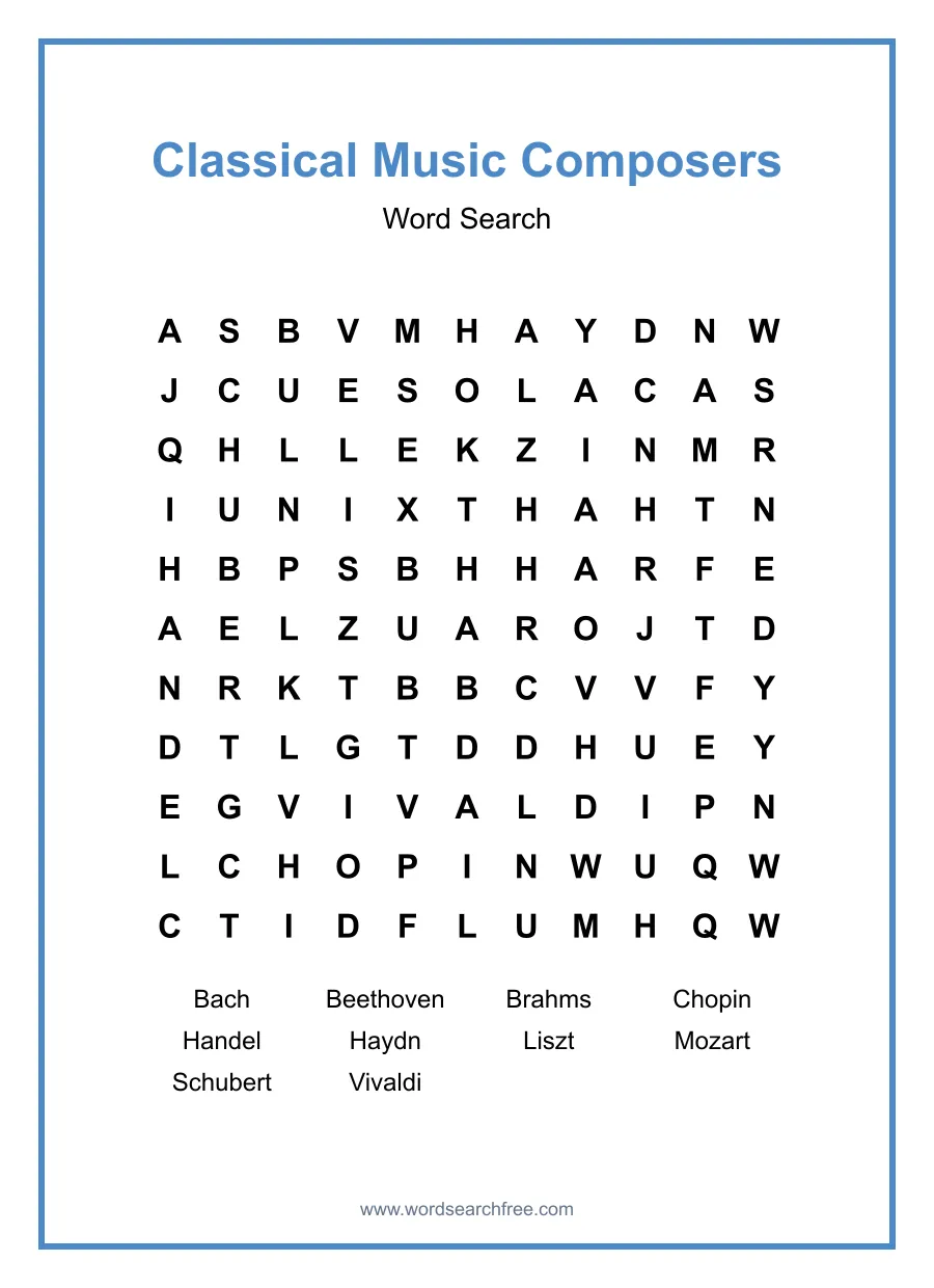Classical Music Composers Word Search - Free printable puzzle with 10 words