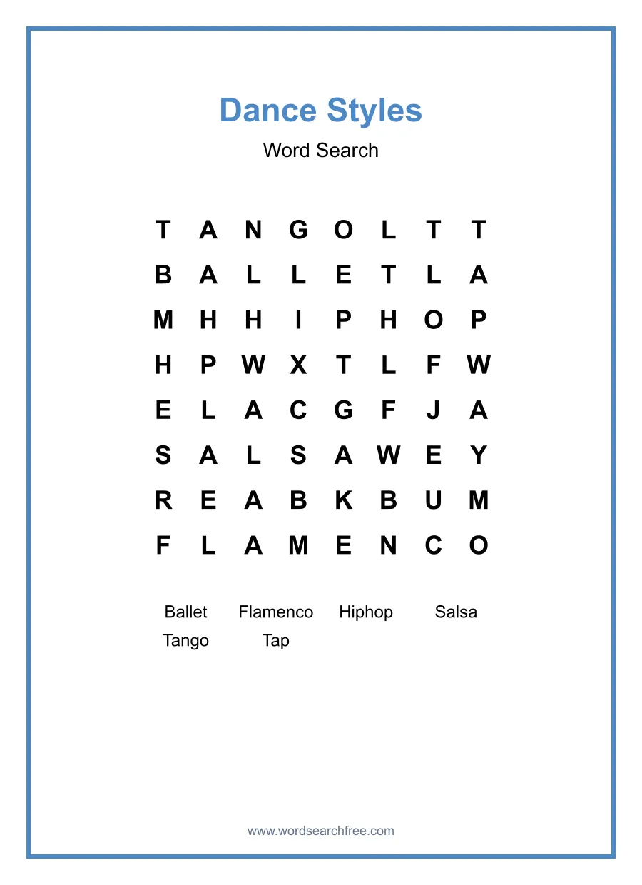 Dance Styles Word Search - Free printable puzzle with 6 words