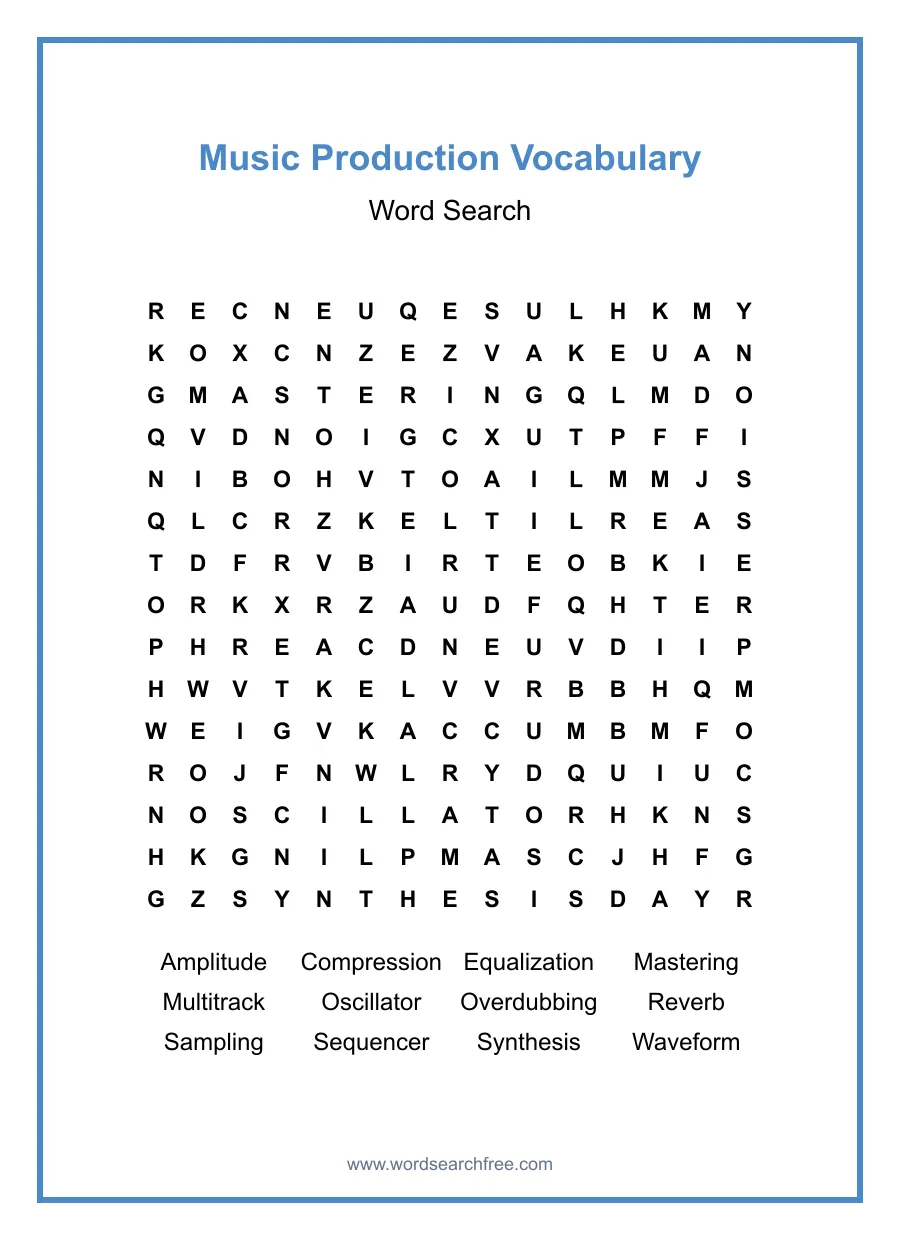 Music Production Vocabulary Word Search - Free printable puzzle with 12 words