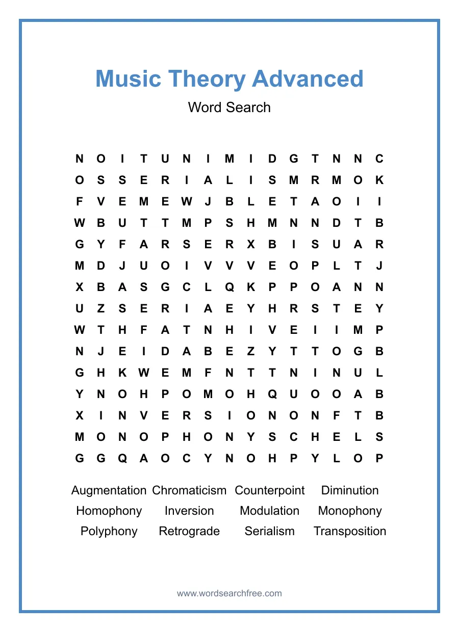 Music Theory Advanced Word Search - Free printable puzzle with 12 words