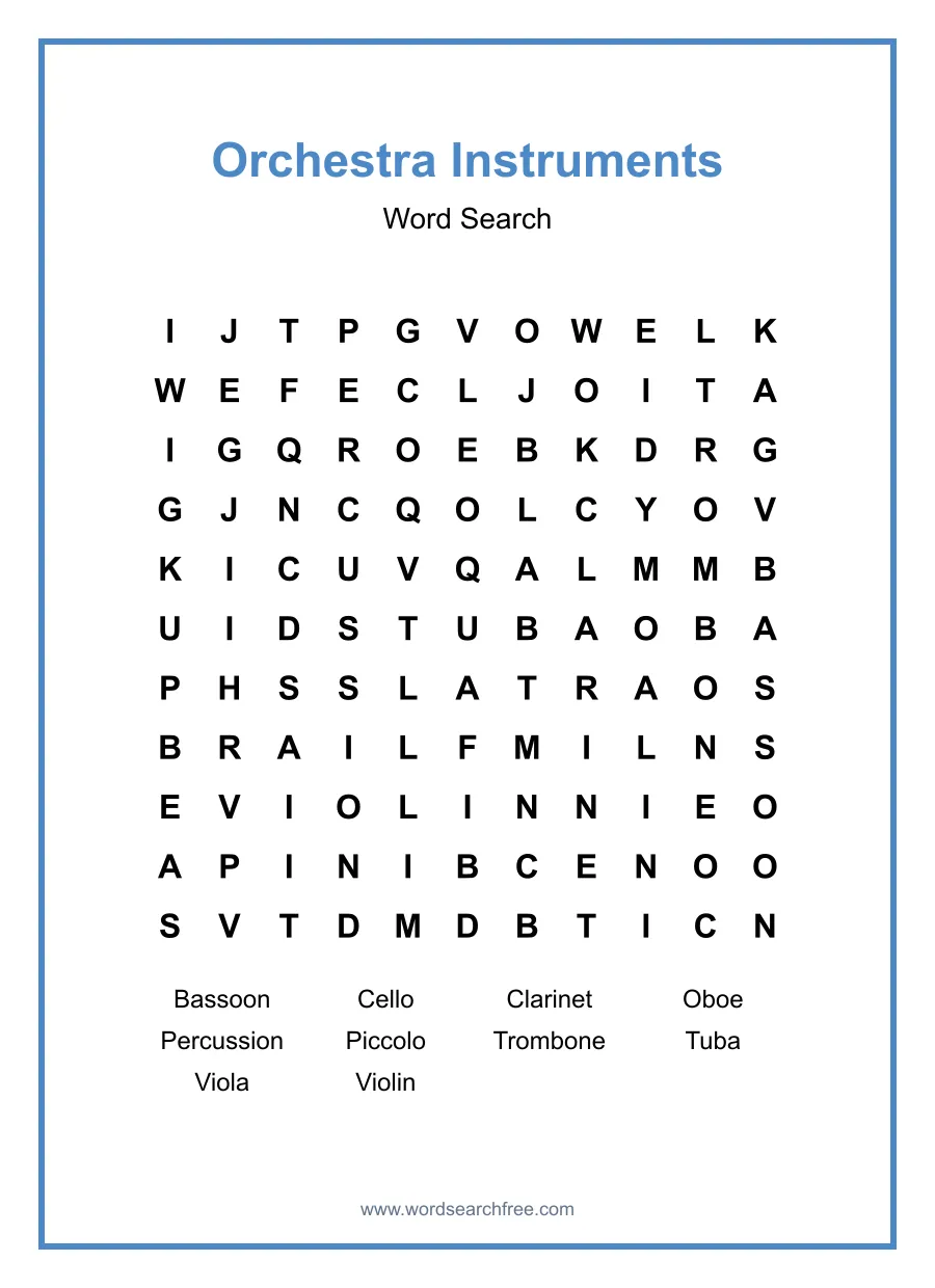 Orchestra Instruments Word Search - Free printable puzzle with 10 words