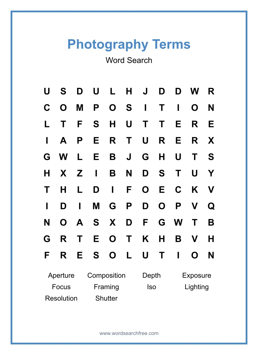 Photography Terms Word Search - Free printable puzzle with 10 words