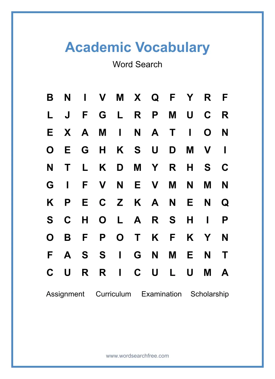 Academic Vocabulary Word Search - Free printable puzzle with 4 words