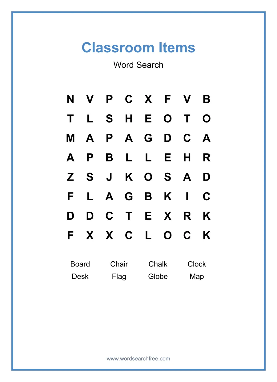 Classroom Items Word Search - Free printable puzzle with 8 words