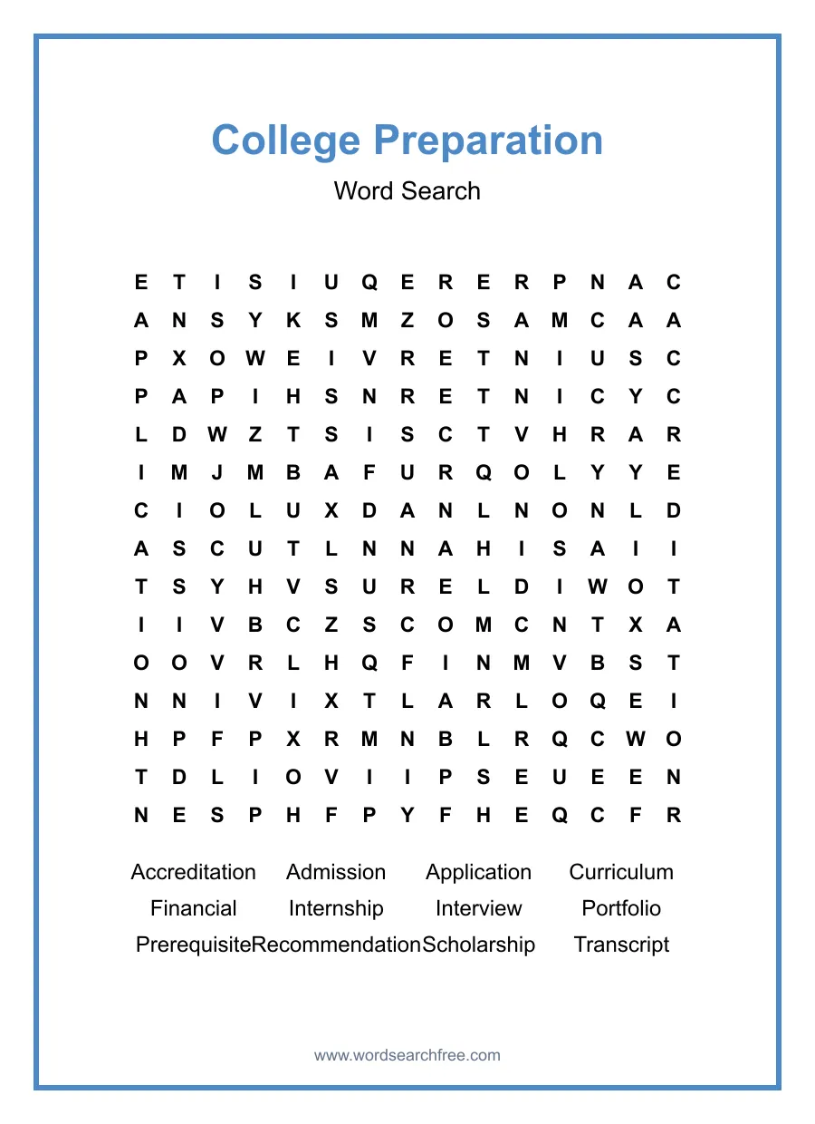 College Preparation Word Search - Free printable puzzle with 12 words