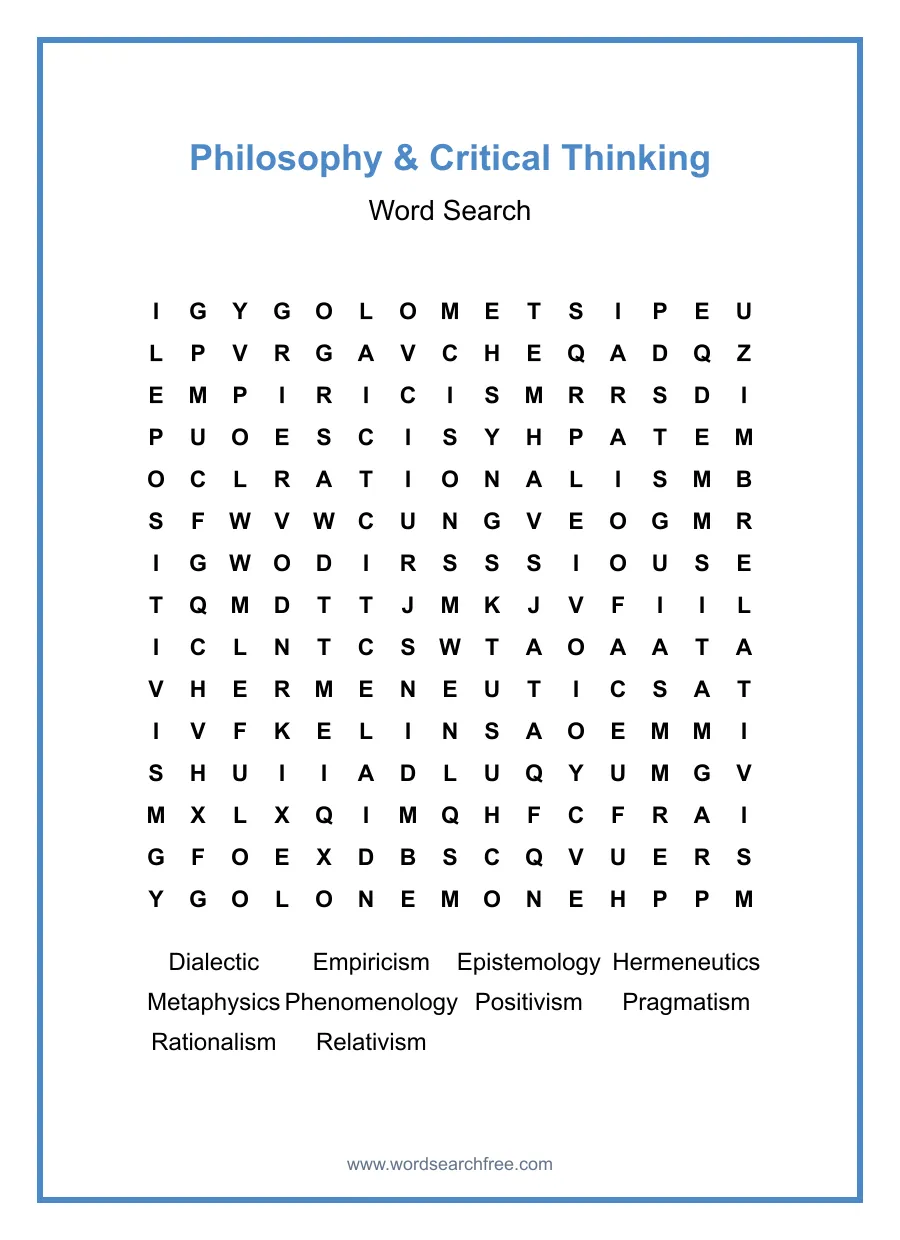 Philosophy & Critical Thinking Word Search - Free printable puzzle with 10 words