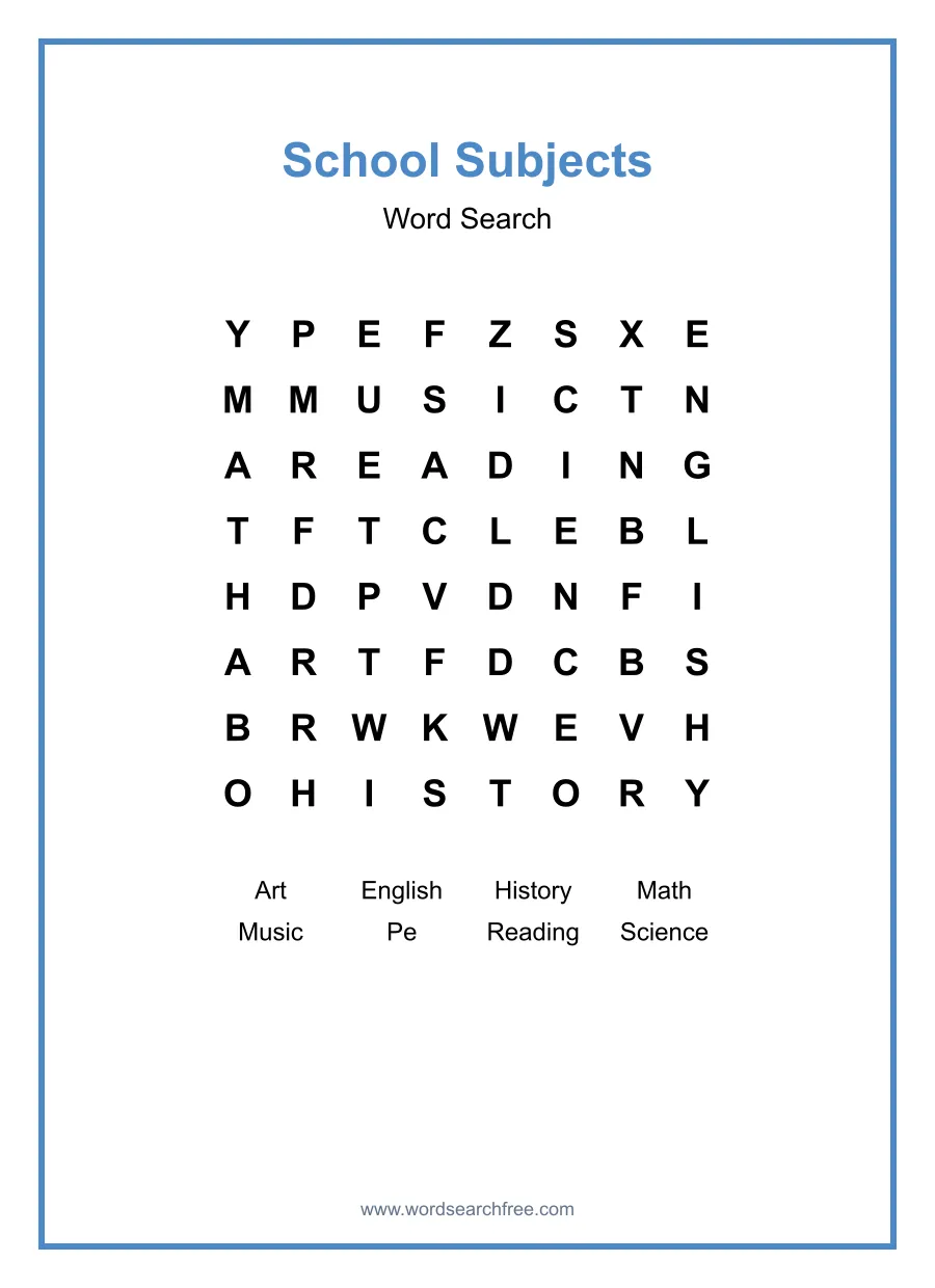 School Subjects Word Search - Free printable puzzle with 8 words