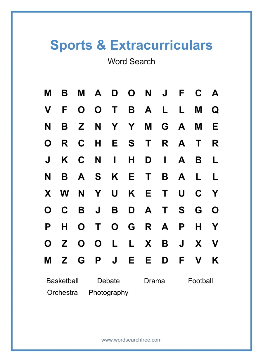 Sports & Extracurriculars Word Search - Free printable puzzle with 6 words