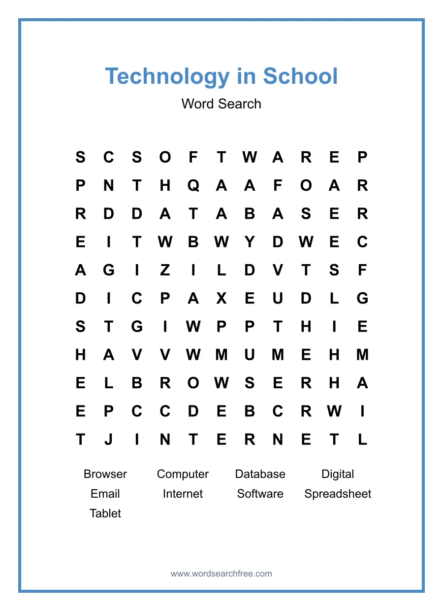 Technology in School Word Search - Free printable puzzle with 9 words