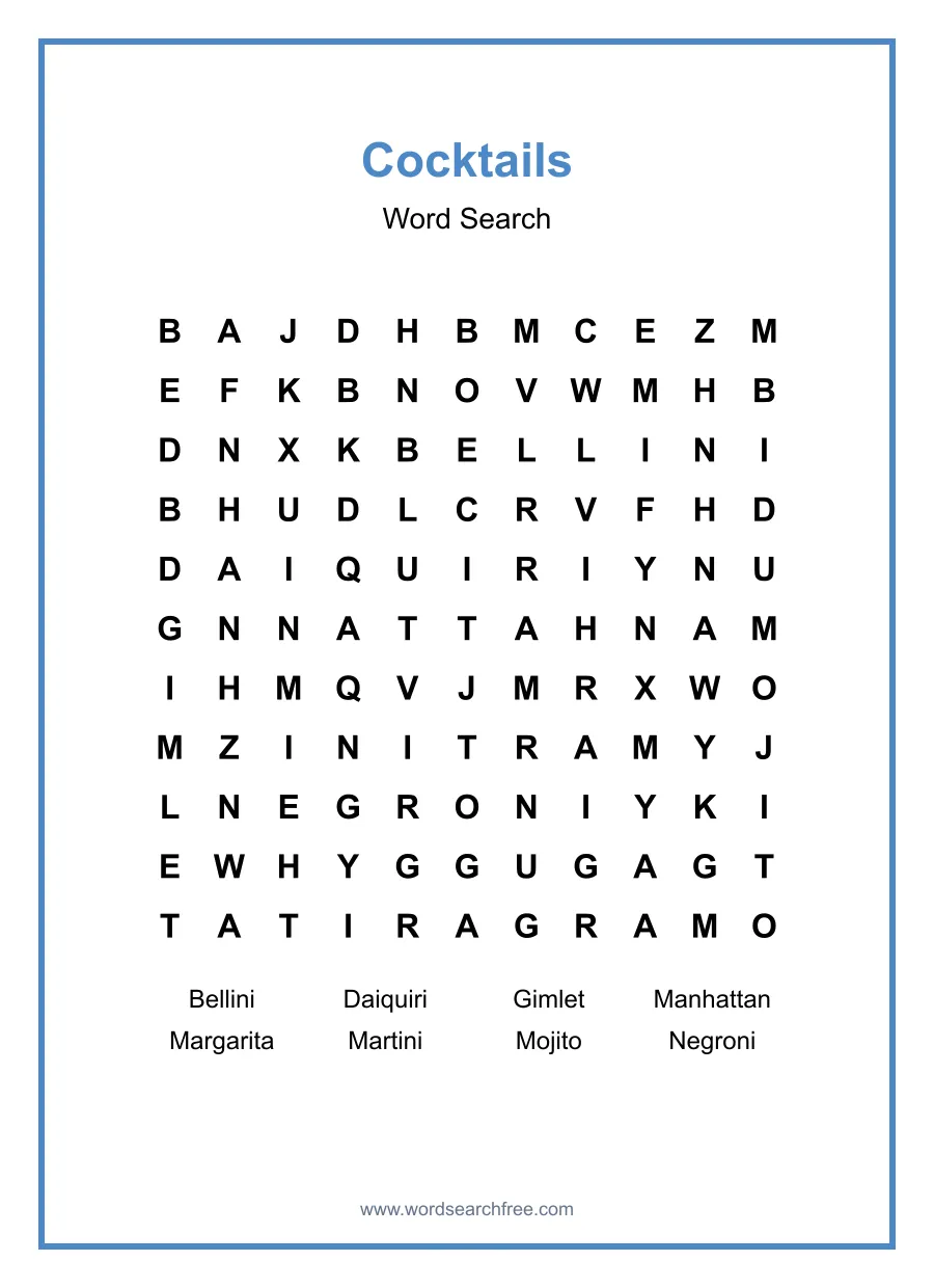 Cocktails Word Search - Free printable puzzle with 8 words