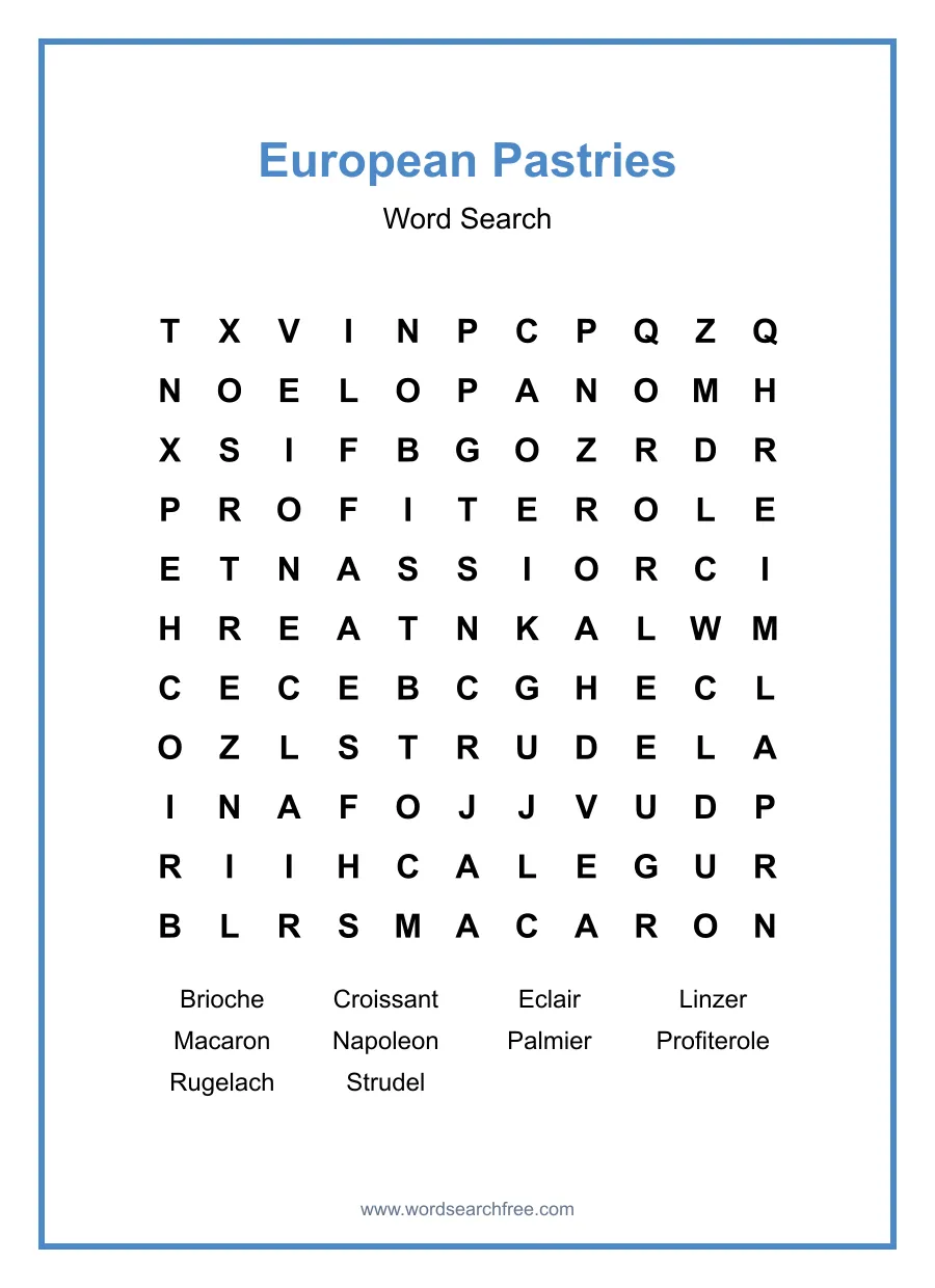 European Pastries Word Search - Free printable puzzle with 10 words