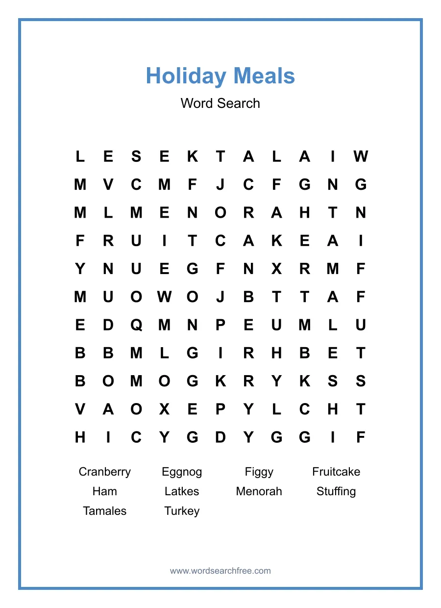 Holiday Meals Word Search - Free printable puzzle with 10 words
