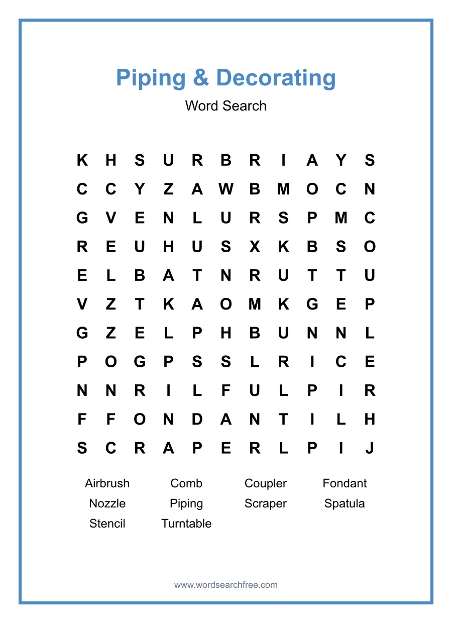 Piping & Decorating Word Search - Free printable puzzle with 10 words
