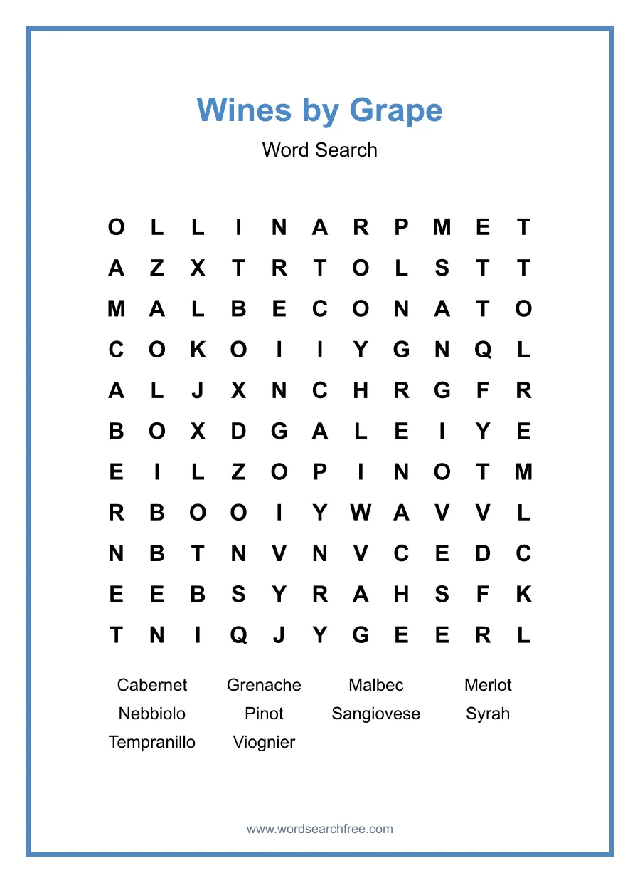 Wines by Grape Word Search - Free printable puzzle with 10 words