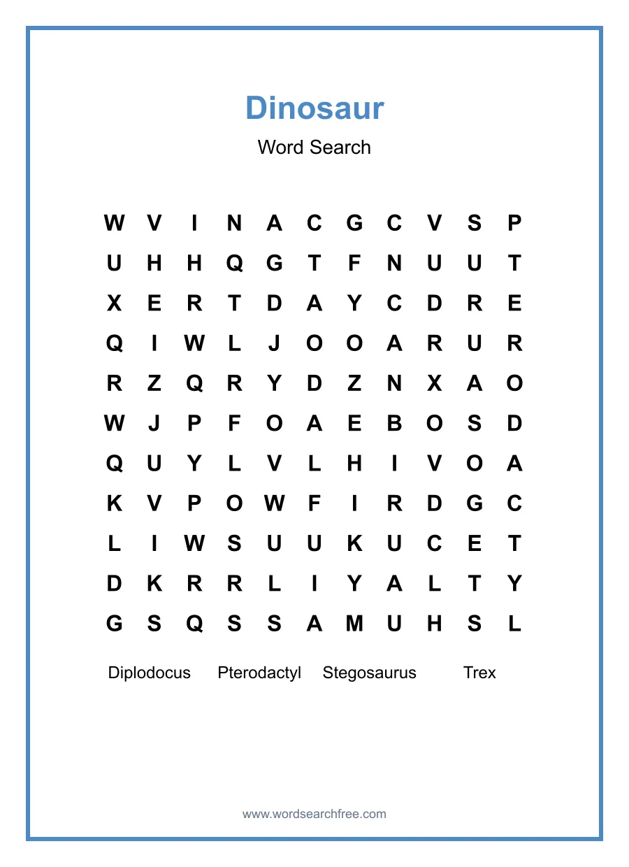 Dinosaur Word Search - Free printable puzzle with 4 words