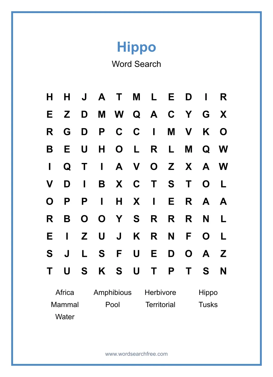 Hippo Word Search - Free printable puzzle with 9 words
