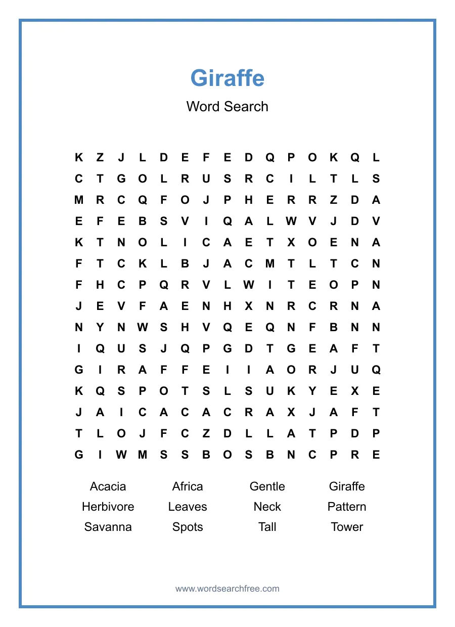 Giraffe Word Search - Free printable puzzle with 12 words