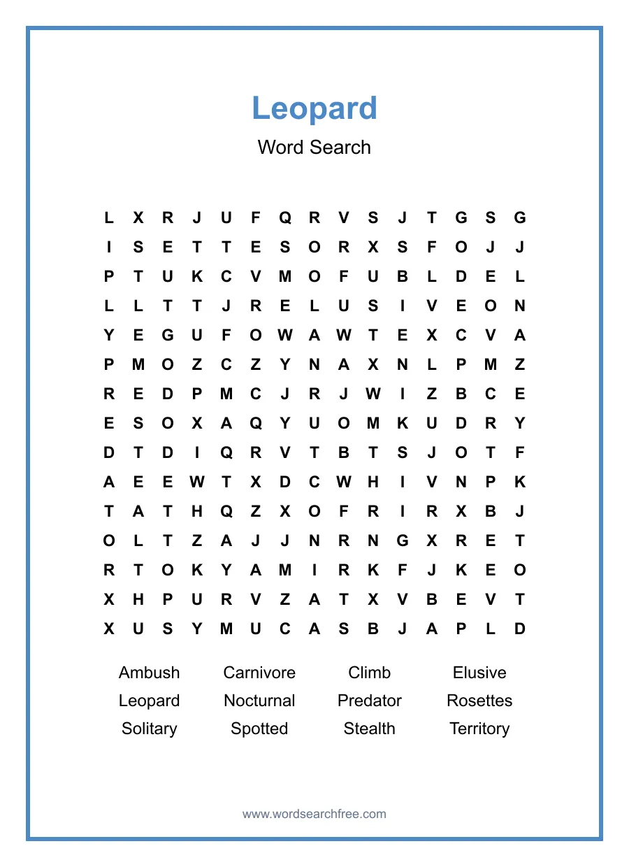 Leopard Word Search - Free printable puzzle with 12 words