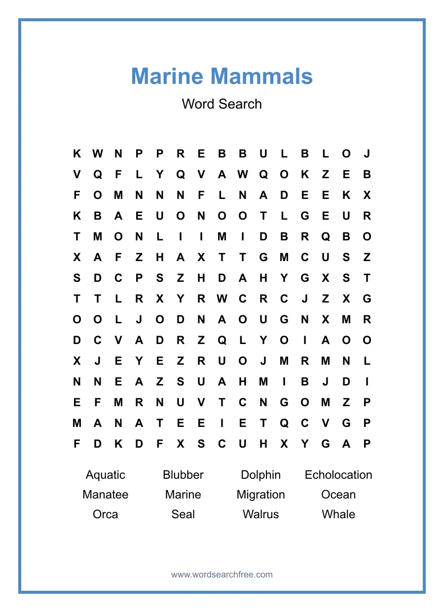 Marine Mammals Word Search - Free printable puzzle with 12 words