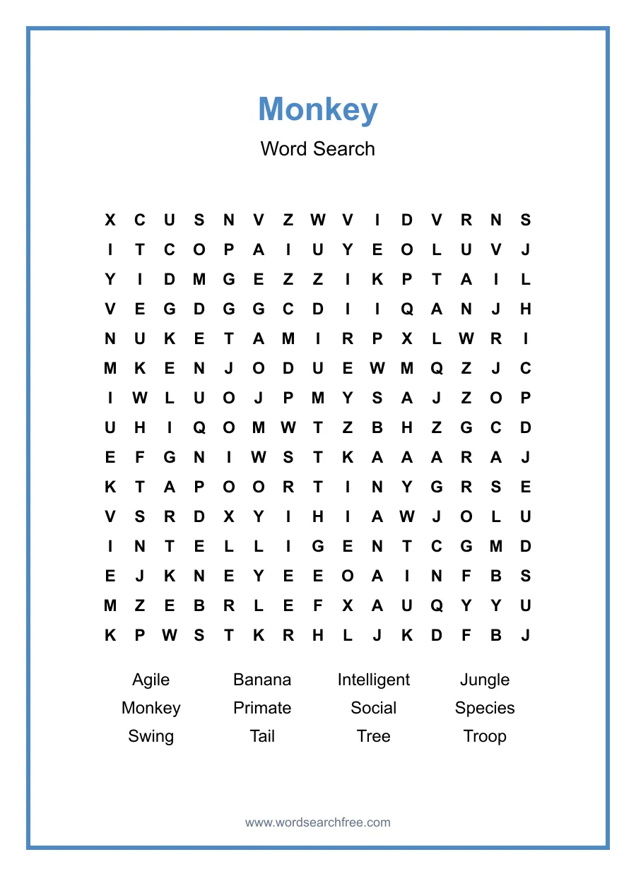 Monkey Word Search - Free printable puzzle with 12 words