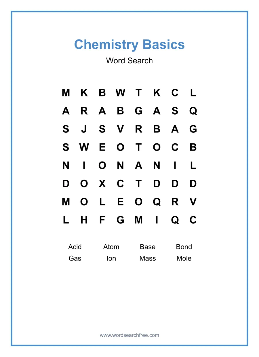 Chemistry Basics Word Search - Free printable puzzle with 8 words