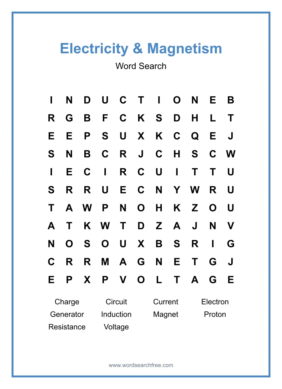 Electricity & Magnetism Word Search - Free printable puzzle with 10 words