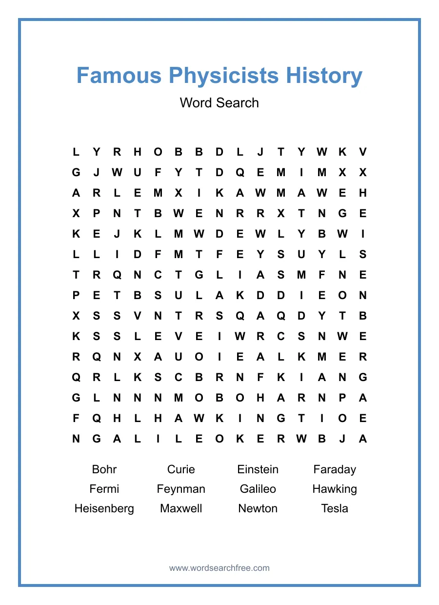 Famous Physicists History Word Search - Free printable puzzle with 12 words